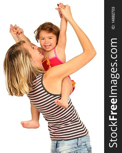 Young  mother with baby girl on white background