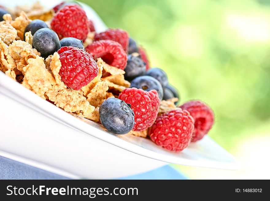 Bowl of berry cereal in an outdoor setting, with light filtering through the leaves.  Shallow depth of field. Bowl of berry cereal in an outdoor setting, with light filtering through the leaves.  Shallow depth of field.