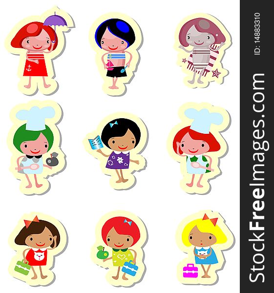 Happy kids icons sticker set cook study relax play. Happy kids icons sticker set cook study relax play