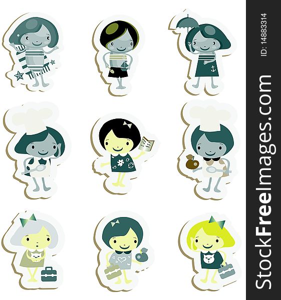 Happy kids icons sticker set cook study relax play