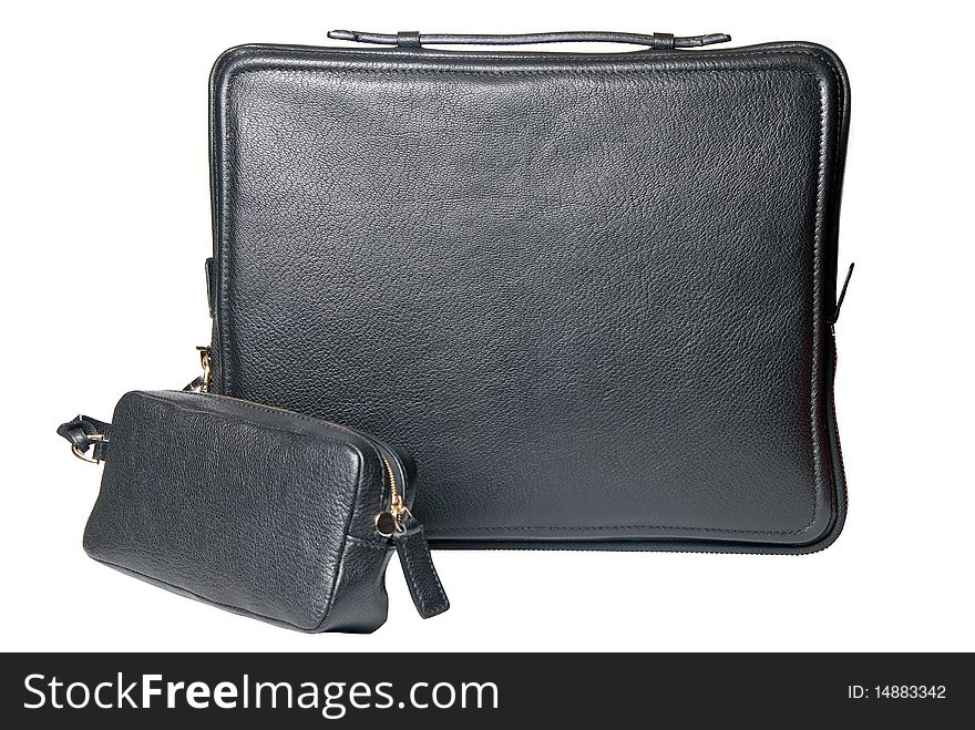 Luxury black leather male bag for notebook isolated on white