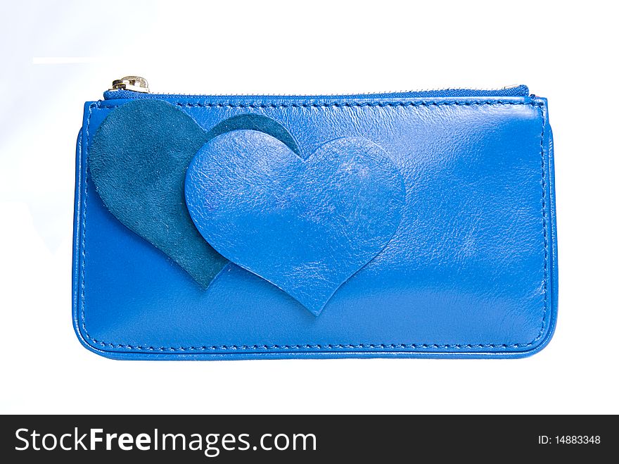 Blue leather purse with hearts isolated on white
