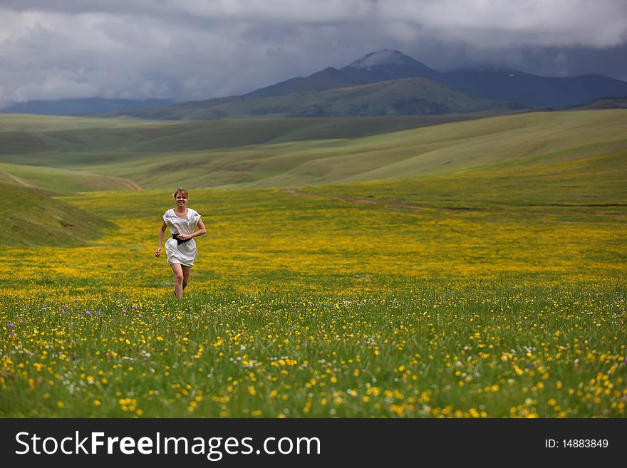 Beautiful mountain landscape with the girl. Beautiful mountain landscape with the girl