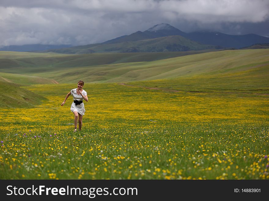 Beautiful mountain landscape with the girl. Beautiful mountain landscape with the girl