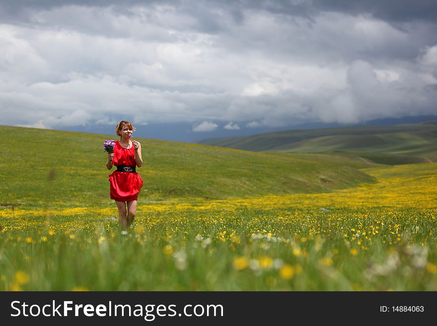 The girl on a beautiful field in mountains. The girl on a beautiful field in mountains