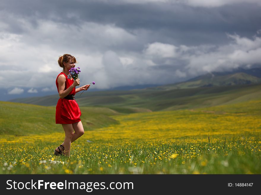 Beautiful mountain landscape with the girl. Beautiful mountain landscape with the girl