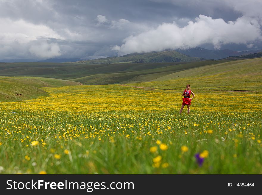 Beautiful mountain landscape with the girl. Beautiful mountain landscape with the girl