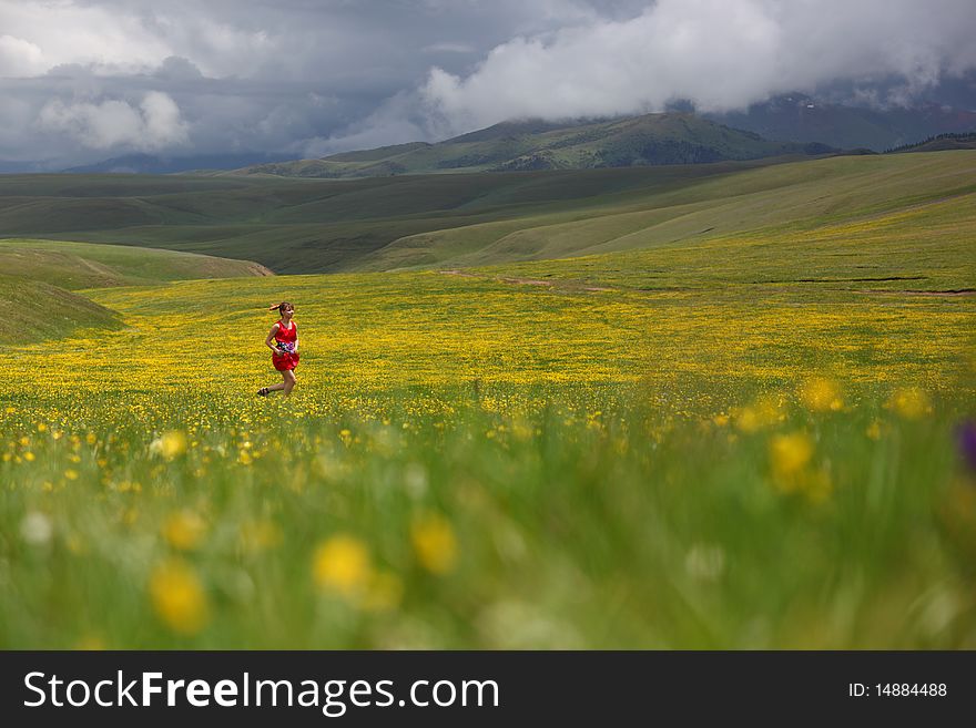 Beautiful mountain landscape with the girl. Beautiful mountain landscape with the girl