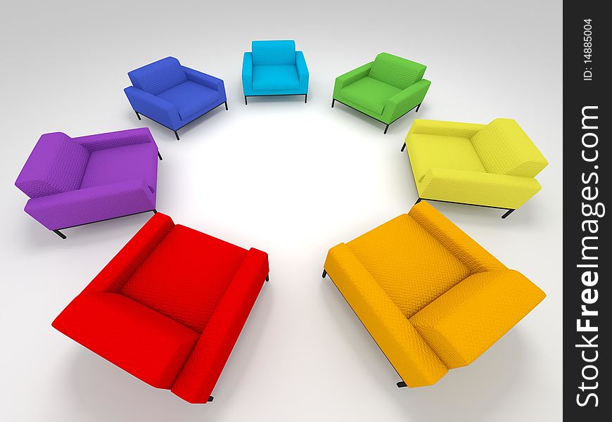 Seven colorful chairs stand against the white background.