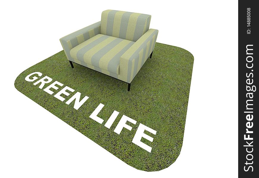 Green chair stand on carpet of grass.