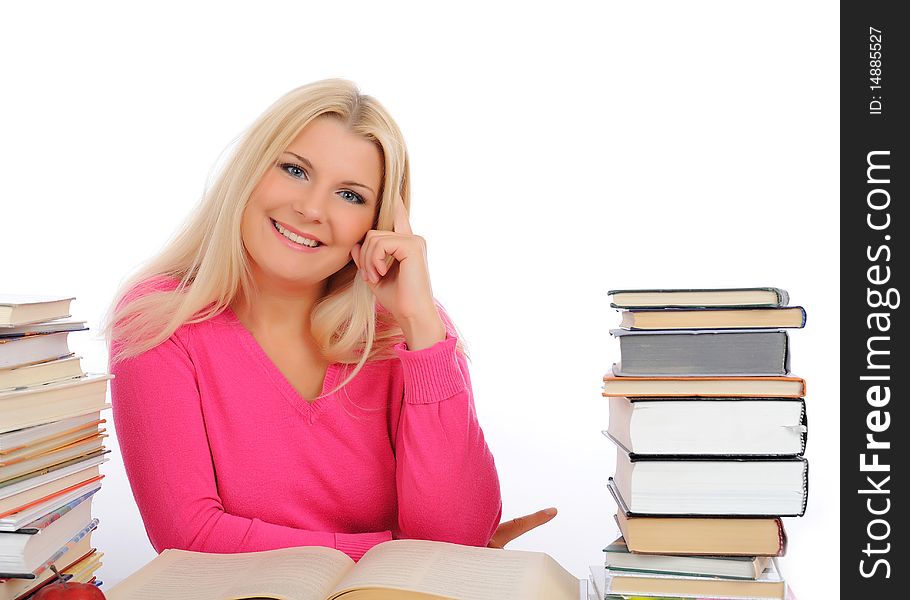 Portrait of young smart woman with lots of books reading. isolated on white background