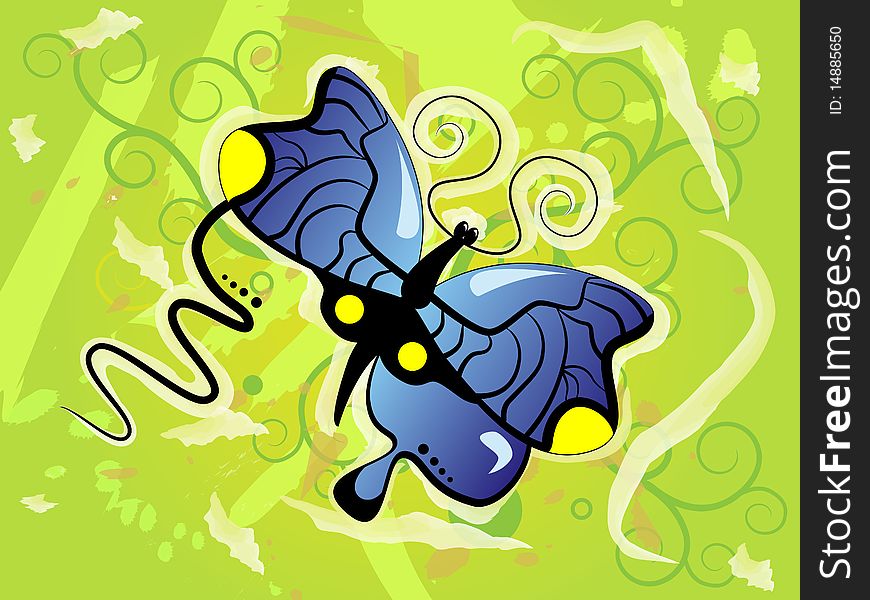 Vector picture of blue butterfly on green background