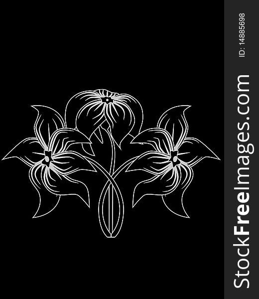 Vector picture of grey silhouette of flowers on black background