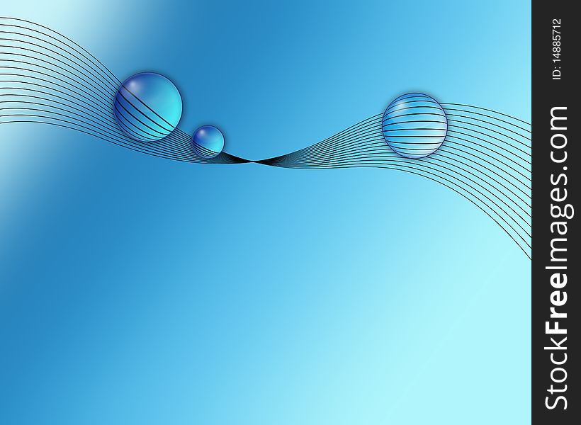 Blue background with a spiral and three glass spheres. Blue background with a spiral and three glass spheres
