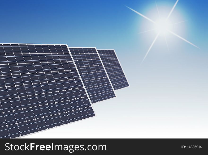 Solar cells against smooth blue background with sun. Solar cells against smooth blue background with sun