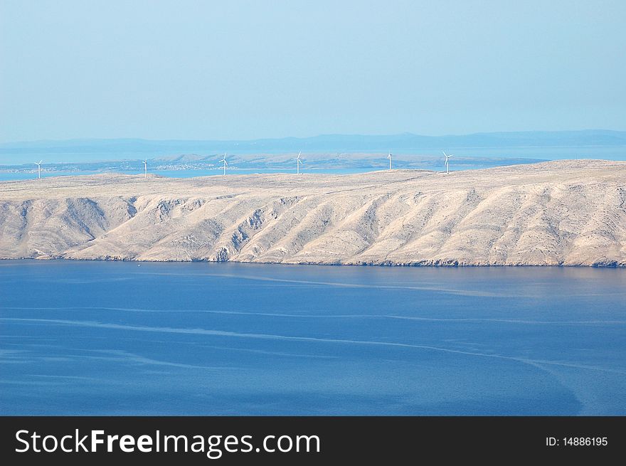 Wind turbines on Pag island in Croatia