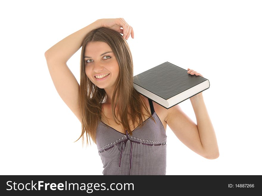 Young happy woman with book isolated in white