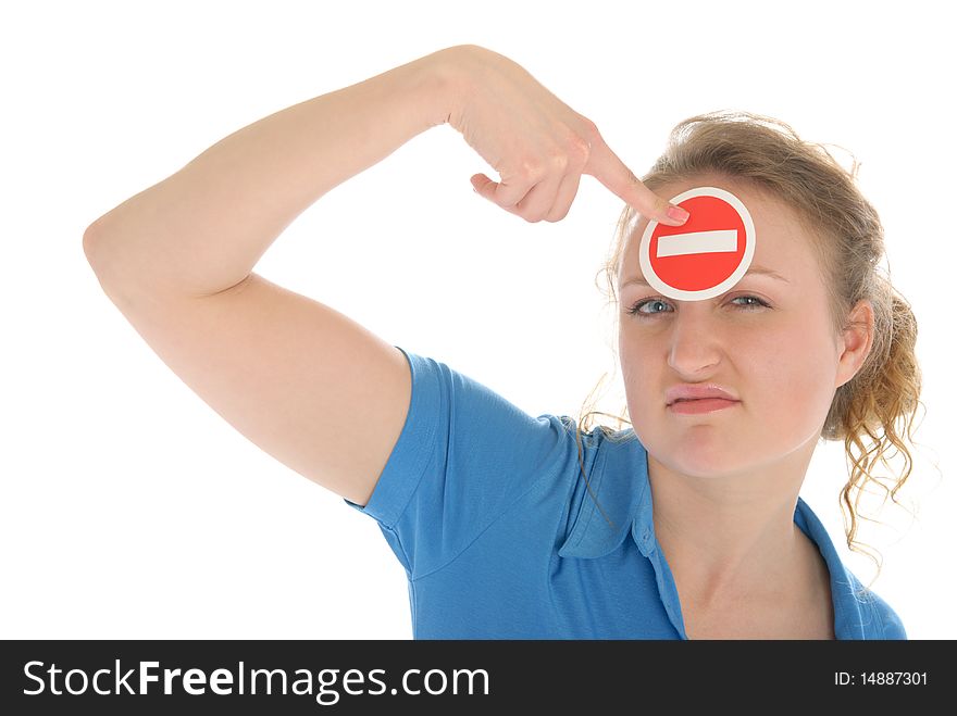 Young Woman Holds Prohibiting Sign Before Forehead