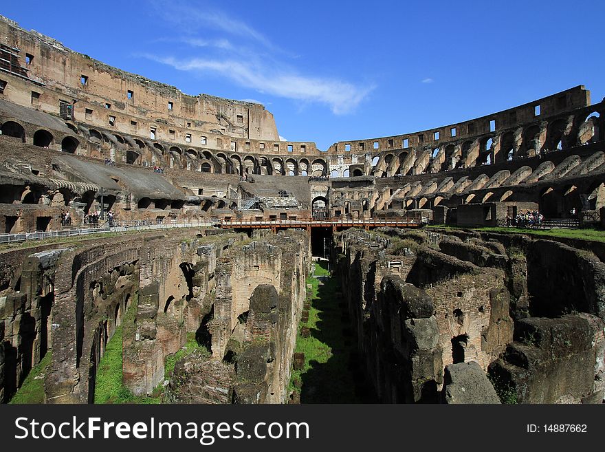 Wide angle view of the Colosseum on a  bright sunny day