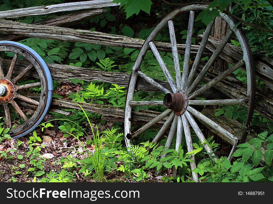 Old wagon wheels laying against an old cedar fence