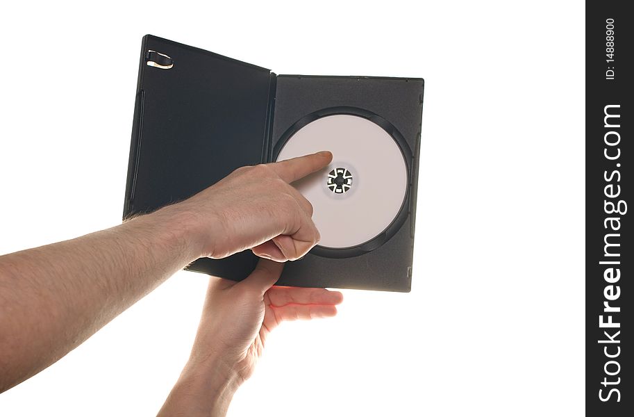 Men's hand holding DVD CD disc on white background isolated