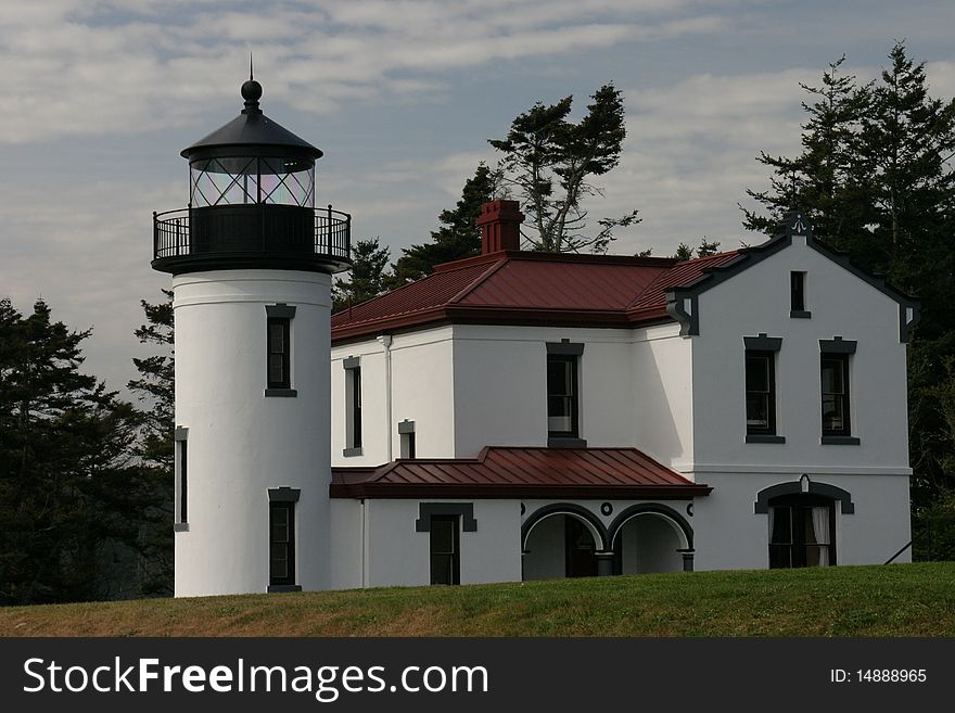 The historic Admiralty Head Lighthouse in Fort Casey on Whidbey Island, Washington state.