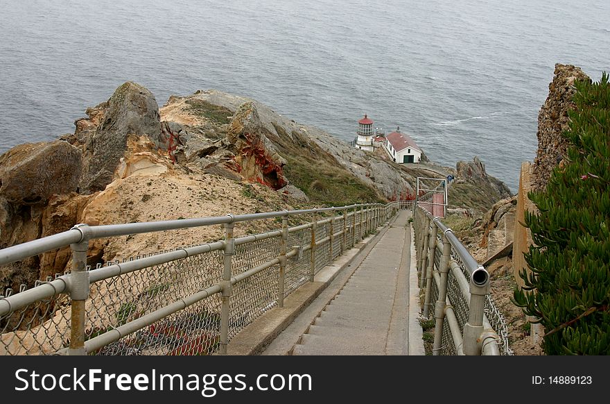 A long descent awaits visitors to the historic Point Reyes Lighthouse in California at the Point Reyes National Seashore. A long descent awaits visitors to the historic Point Reyes Lighthouse in California at the Point Reyes National Seashore