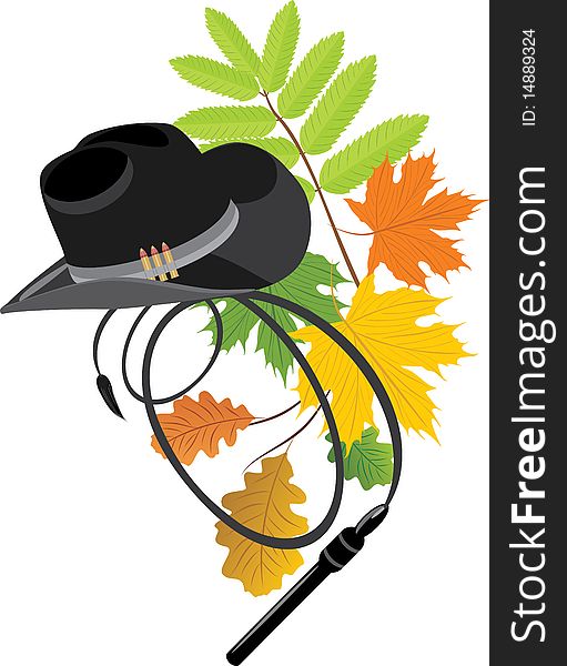 Cowboy hat and whip on the autumn background. Illustration