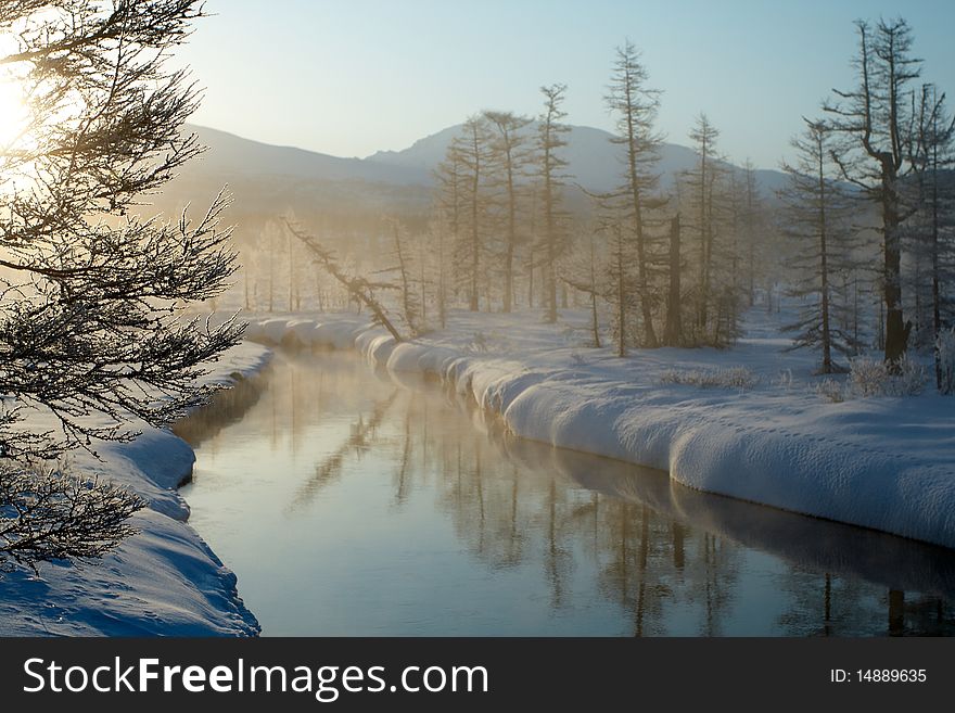 The wood river. A landscape. Frosty morning. Kronotsky reserve. Kamchatka.