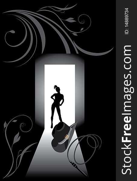 Cowboy hat, whip and female silhouette. Illustration