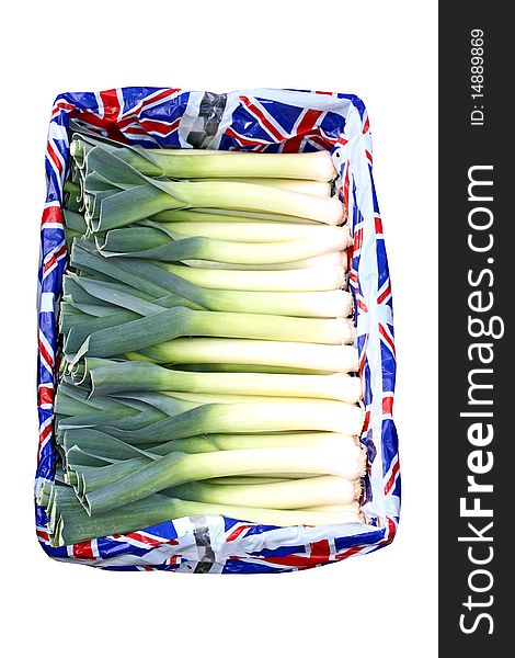 A Display Box of British Leek Vegetable Stems. A Display Box of British Leek Vegetable Stems.