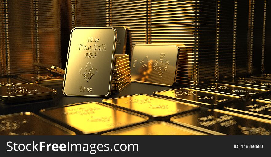 Fine gold bars 10 Oz on the table.