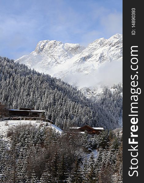 Image of a house in snow mountain, St. Anton, Austria.