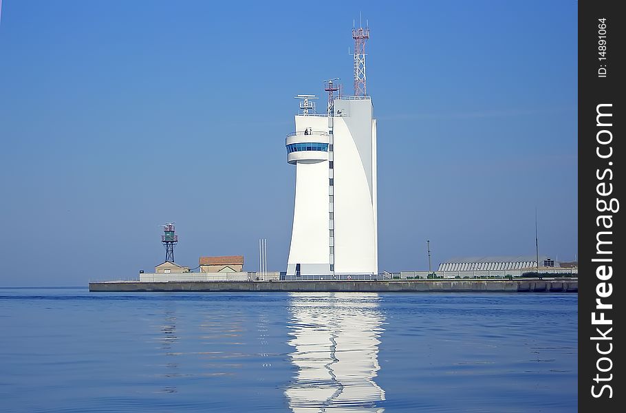 Lighthouse on the coast. Located in the Northern Black Sea coast on the edge of the Dnieper-Bug estuary and the Black Sea, city Ochakiv, Ukraine