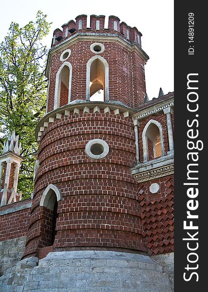 A tower of figured bridge, a part of front access gate in Tsaritsino Park, Moscow. A tower of figured bridge, a part of front access gate in Tsaritsino Park, Moscow