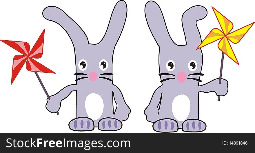 Two hares with spinners - soft toys, vector cartoons, the fantastic characters.