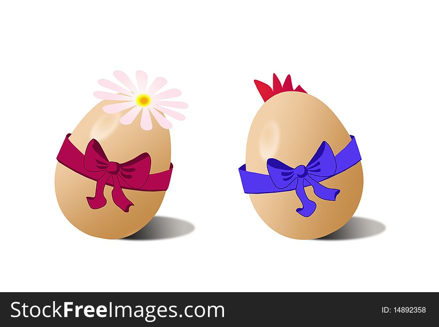 Egg with a red bow and a camomile and an egg with a dark blue bow and a comb. Egg with a red bow and a camomile and an egg with a dark blue bow and a comb