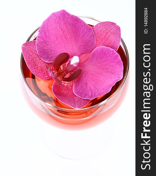 Glass of pink wine decorated with a violet orchid flower. Glass of pink wine decorated with a violet orchid flower