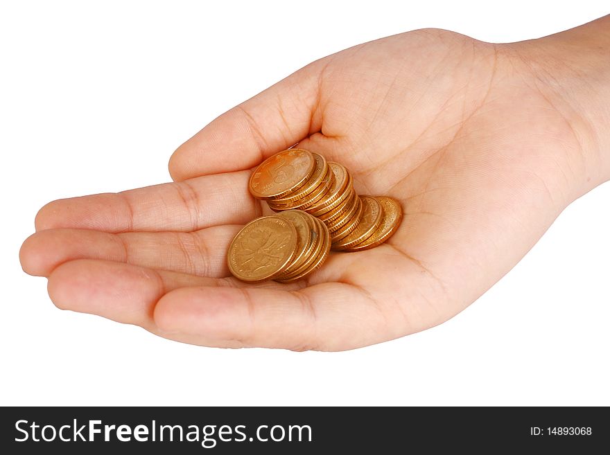 Coins in woman's hands (white background)