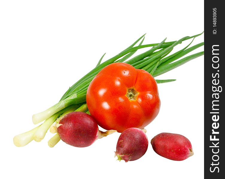 Onions, tomatoes and radishes on white background;