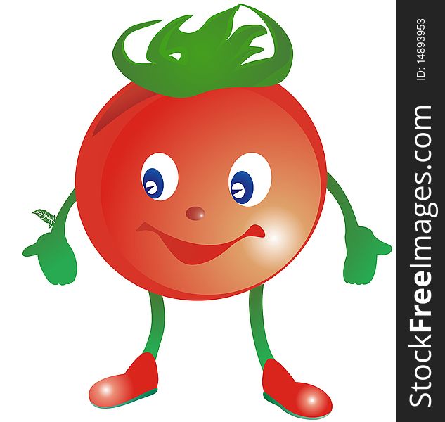 Smiling funny stylized tomato in red boots. Smiling funny stylized tomato in red boots
