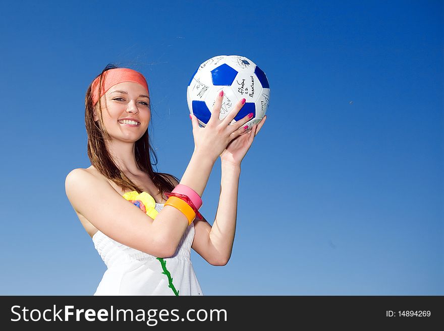 Girl in kerchief with ball. Girl in kerchief with ball