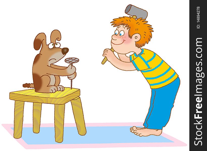 A little boy and the puppy as if repairing a stool. A little boy and the puppy as if repairing a stool