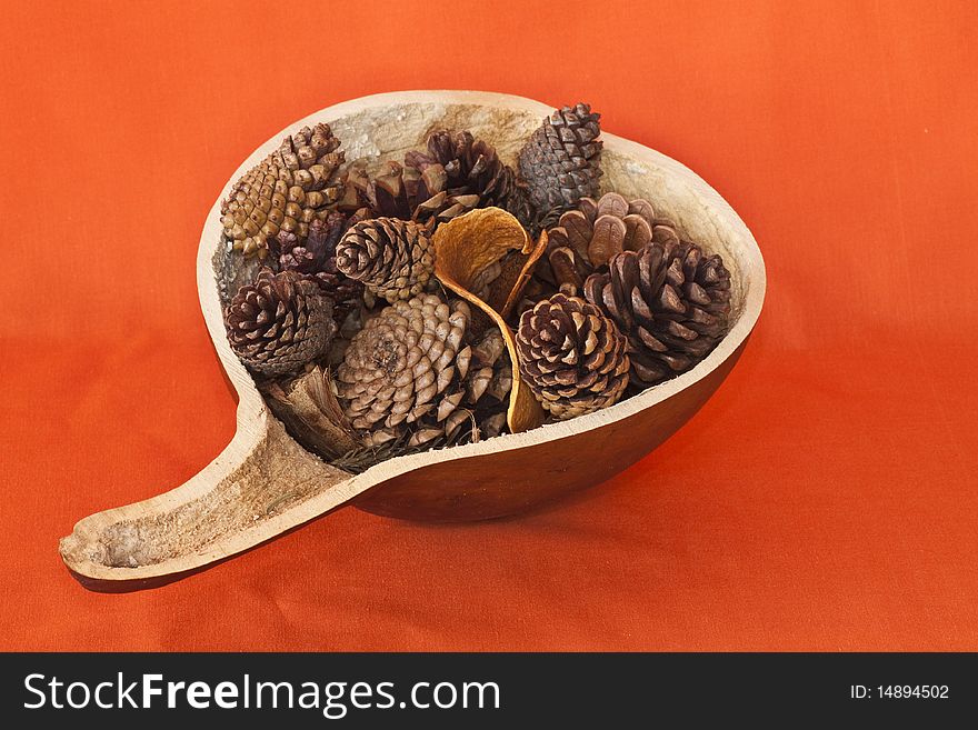 Gourd with Pinecones on an orange background