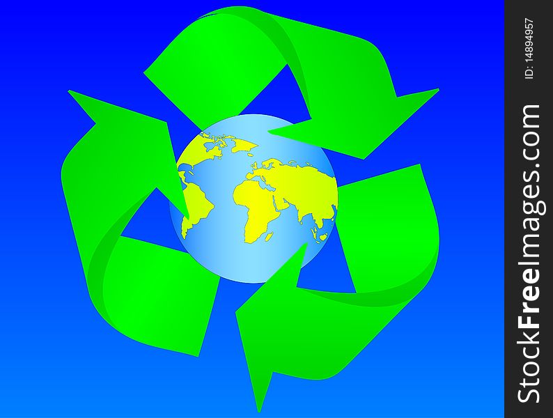 Illustration of Earth and recycling symbol over blue background. Illustration of Earth and recycling symbol over blue background