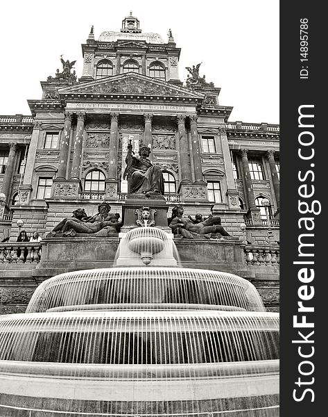 Building of National museum on Wenceslas square in Prague with still visible wholes from bullets of russian guns during invasion in august 1968. Building of National museum on Wenceslas square in Prague with still visible wholes from bullets of russian guns during invasion in august 1968.