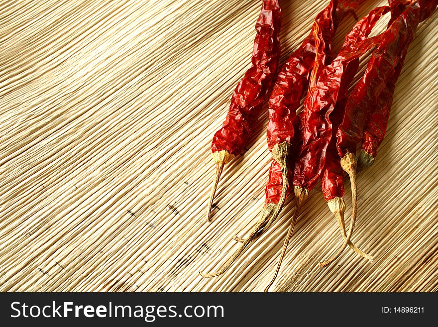 Dried red chillies on a dry palm leaf
