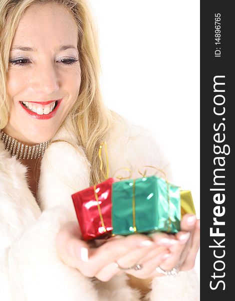 Happy Blonde Holding Presents Vertical