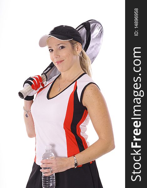 Shot of a tennis woman with bottled water and racket