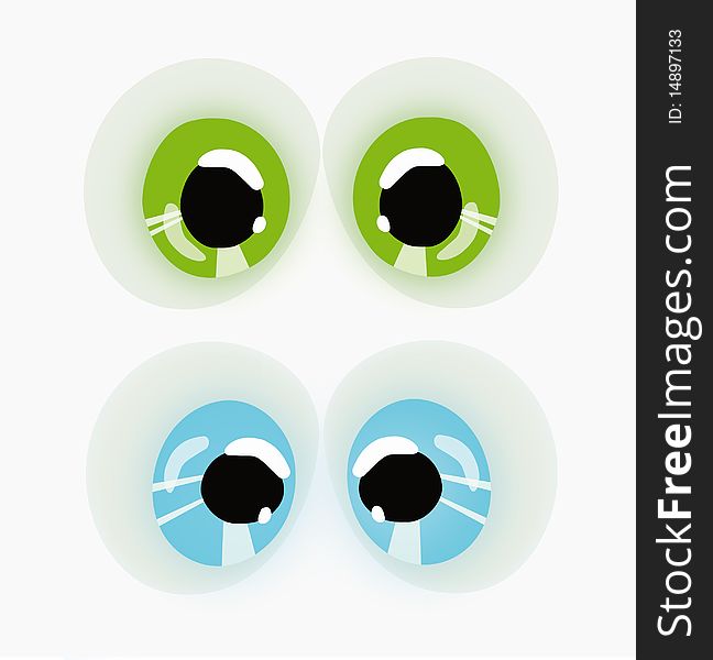 Two pairs eyes, blue and green on a white background